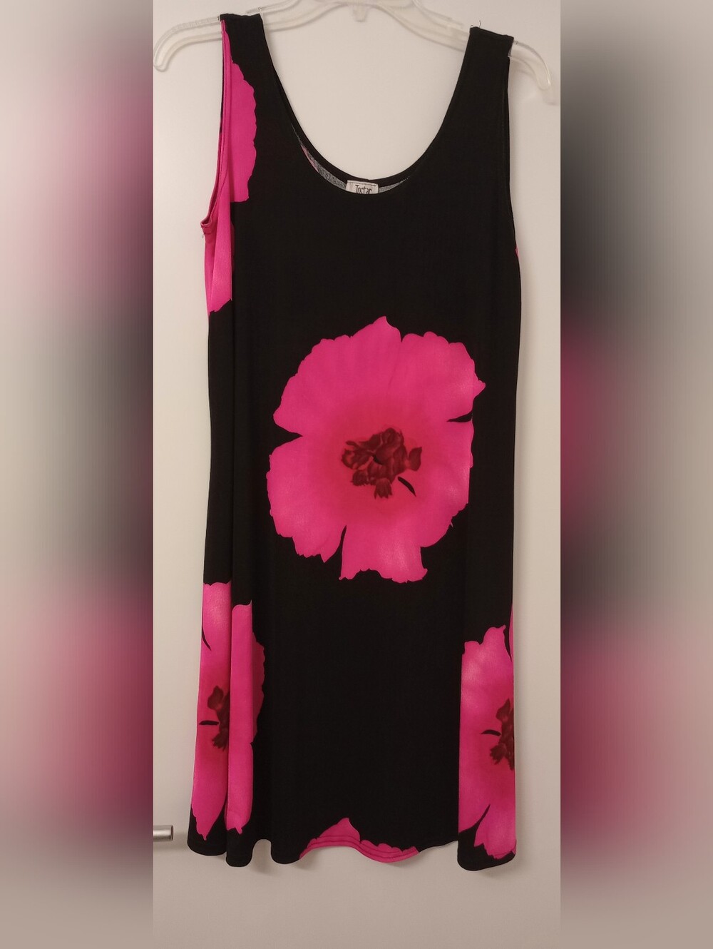 Black Sleeveless Dress with Large Hot Pink Floral Print, SizeM,stretchy Material